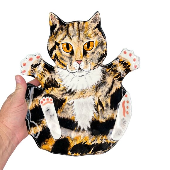 Cats by Nina Lyman Ceramic Cat Shaped Plate Platter Orange Black Calico - Picture 8 of 12